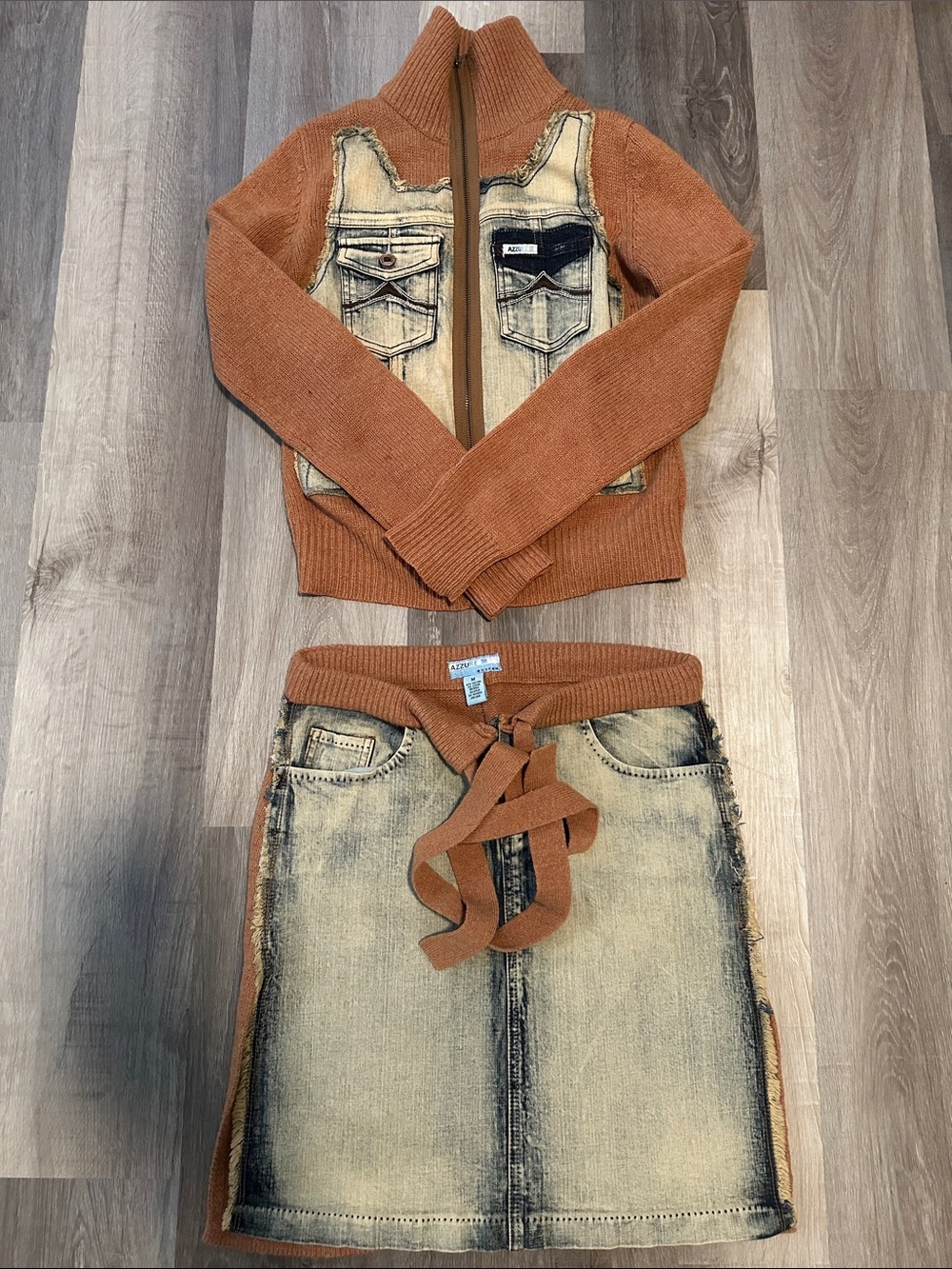 Alessandra Rust Knit & Washed Denim Two-Piece Jacket and Skirt Set